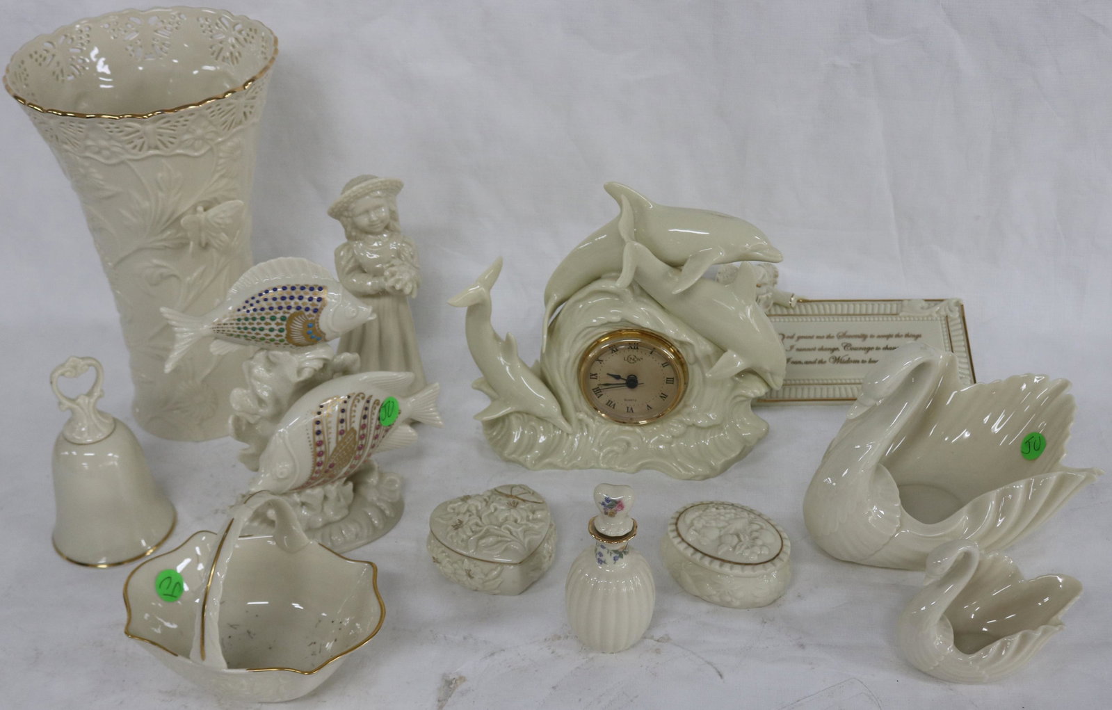 LOT OF 12 PCS. OF LENOX TO INCLUDE FIGURAL CLOCK,: BUTTERFLY VASE, FISH SWAN & GIRL FIGURES, PLAQUE, COVERED BOXES, ETC. 1 1/2" - 10 1/2" H, LARGE VASE & PLAQUE, ORIGINAL BOX
