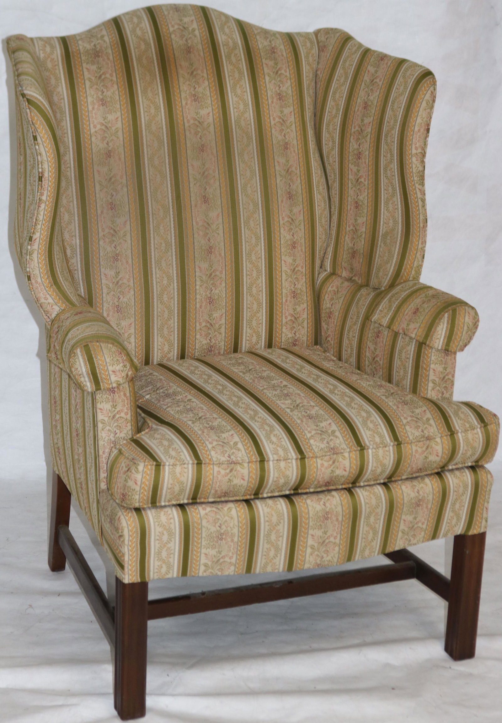 CHIPPENDALE STYLE UPHOLSTERED WING CHAIR, 34 1/2": H, 30" W, 31" DEEP