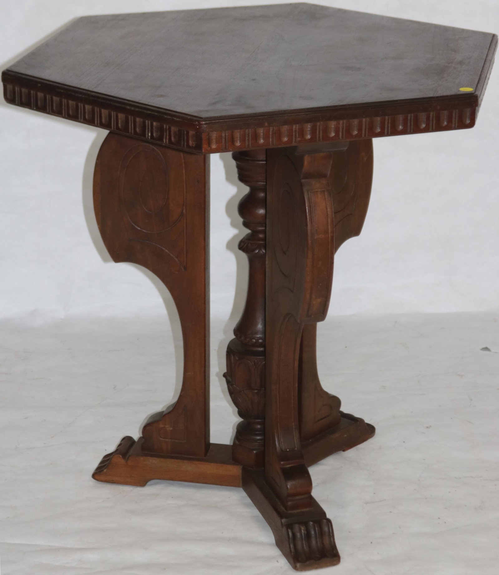 1920S WALNUT HEXAGONAL TABLE, OLD FINISH, SLIVER: TO BOTTOM OF FOOT MISSING, 29 1/2" H, 31 1/2" X 31 1/2"