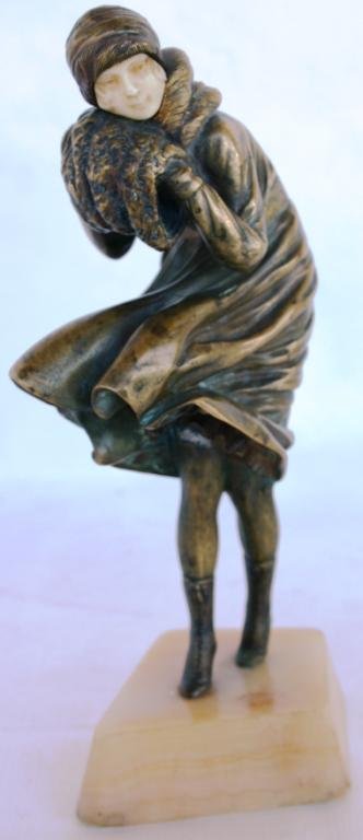 BRONZE & IVORY FEMALE FIGURE ON ALABASTER BASE SIG: BRONZE & IVORY FEMALE FIGURE ON ALABASTER BASE SIGNED D. CHIPARUS, 7 1/2" H