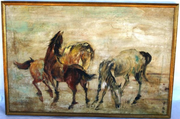 OIL ON CANVAS, HORSES SIGNED GERARD D. A. HENDERSO: OIL ON CANVAS, HORSES SIGNED GERARD D. A. HENDERSON, 24 X 36