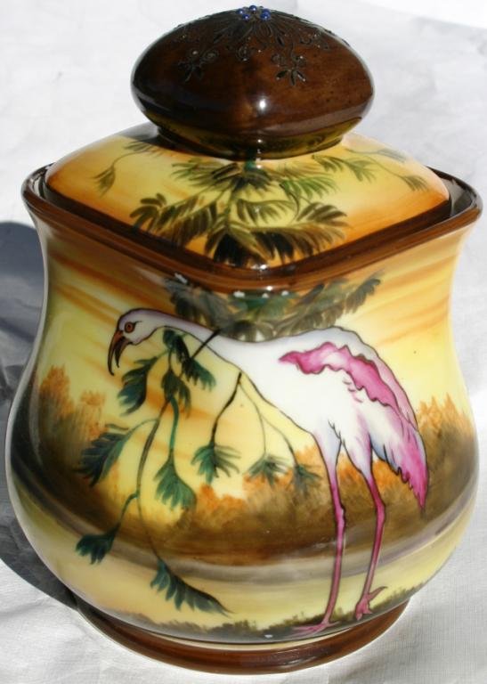 NORITAKE TOBACCO JAR WITH PINK FLAMINGO DECORATION: NORITAKE TOBACCO JAR WITH PINK FLAMINGO DECORATION