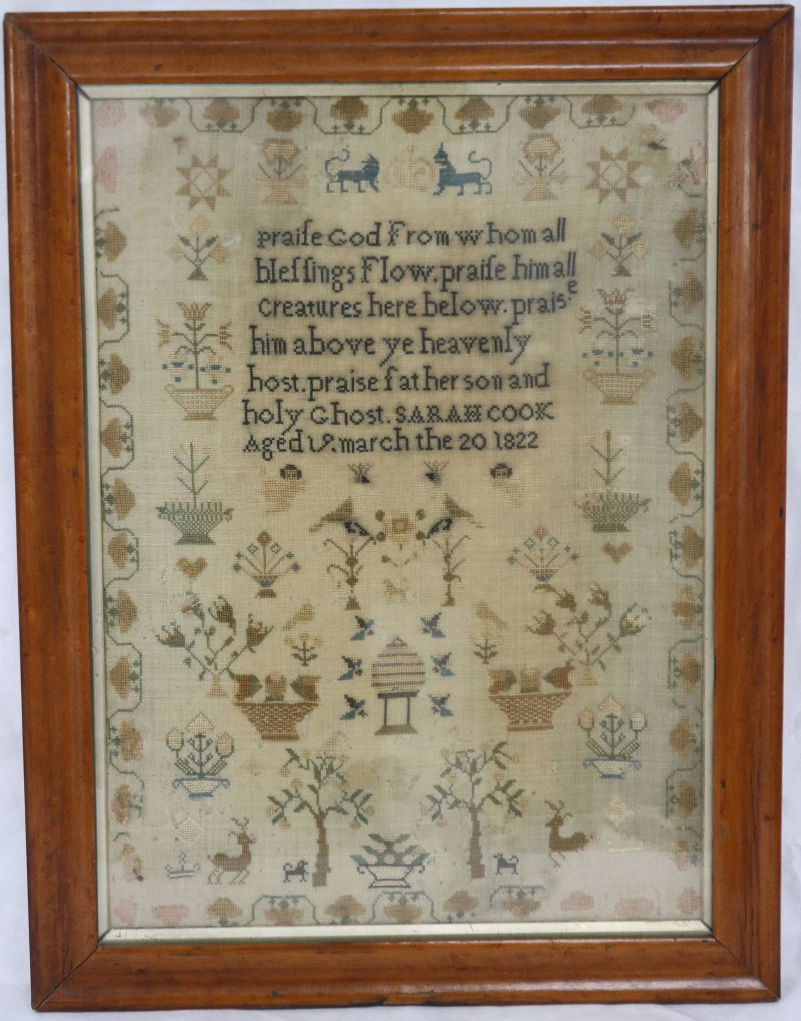 EARLY 19TH C. FRAMED SAMPLER WROUGHT BY SARA (1 of 2)