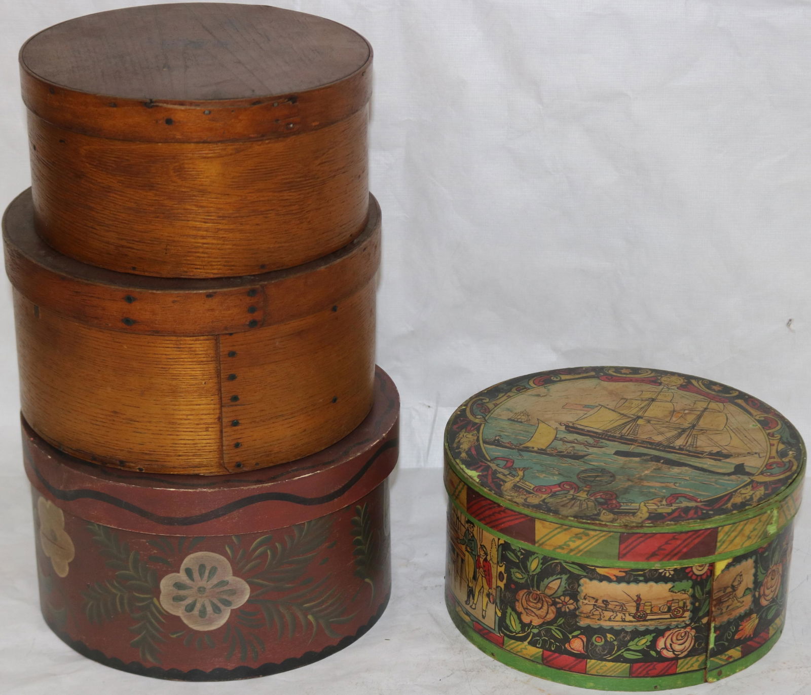 LOT OF 4 ROUND PANTRY BOXES, NATURAL & PAINTED (1 of 2)