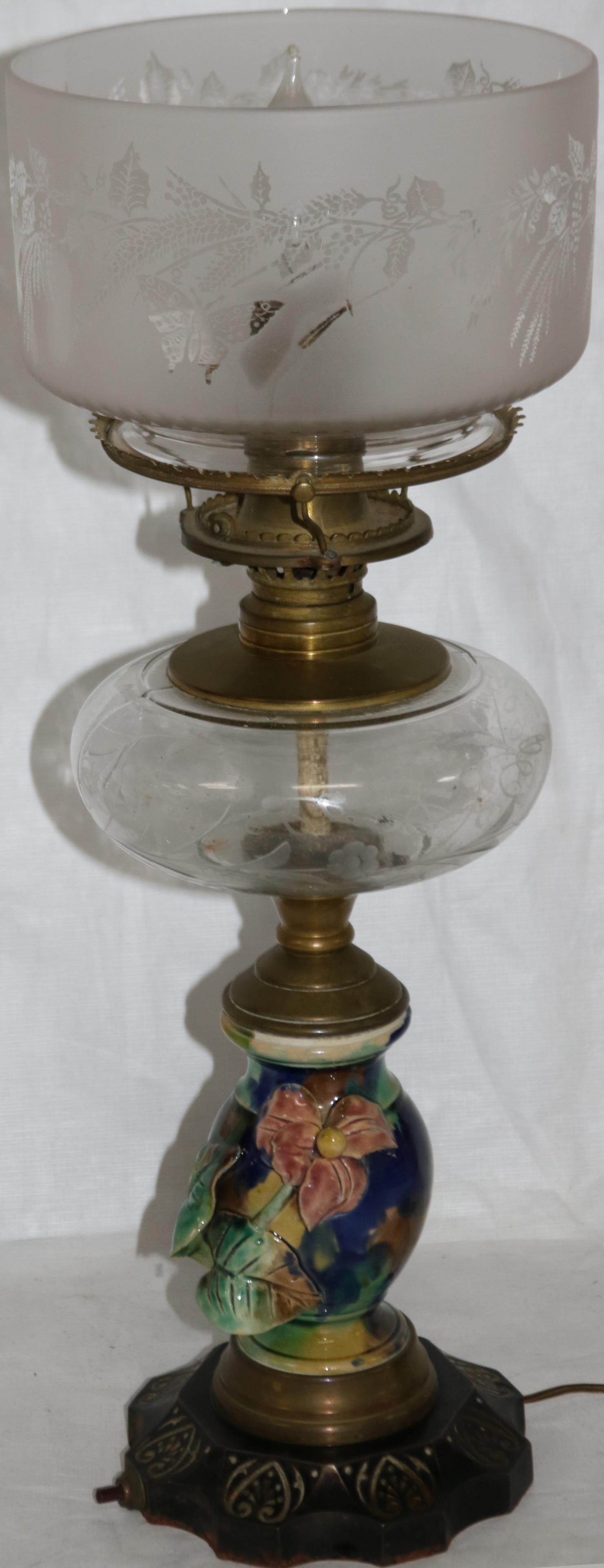 ELECTRIFIED 19TH C. FLUID LAMP, ETCHED SHADE, (1 of 2)