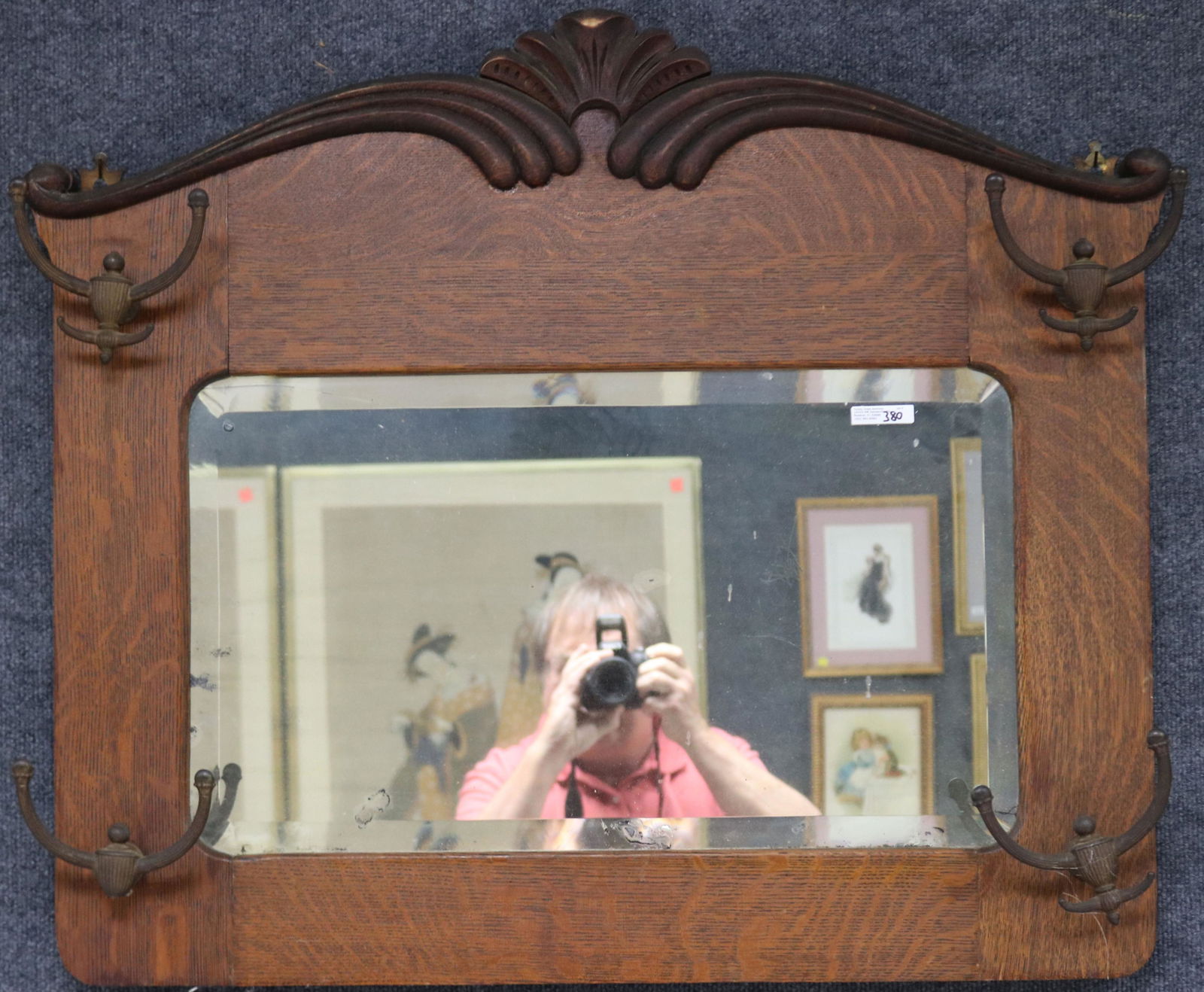 LATE 19TH C. OAK WALL MIRROR WITH HAT HOOKS, (1 of 1)