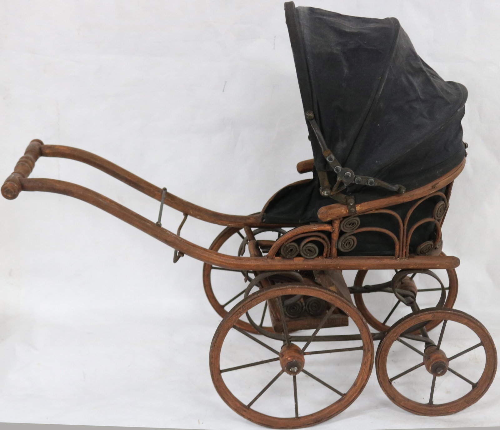 SMALL REPRODUCTION DOLL CARRIAGE, WICKER & WOOD,: 19 1/2" H, 23" W, 8 1/2" DEEP