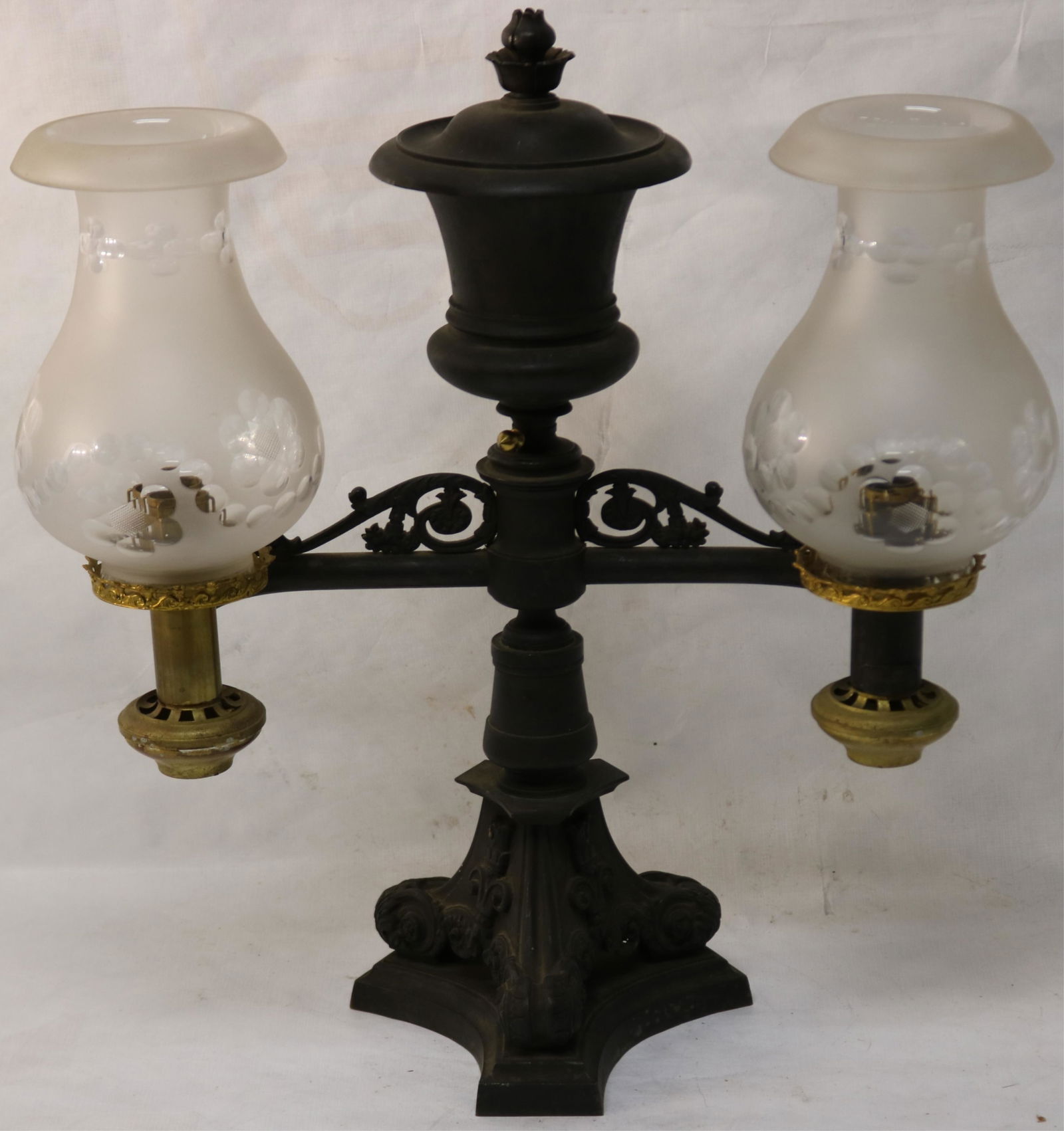 19TH C. DOUBLE ARGAND LAMP WITH LATER CUT & (1 of 6)