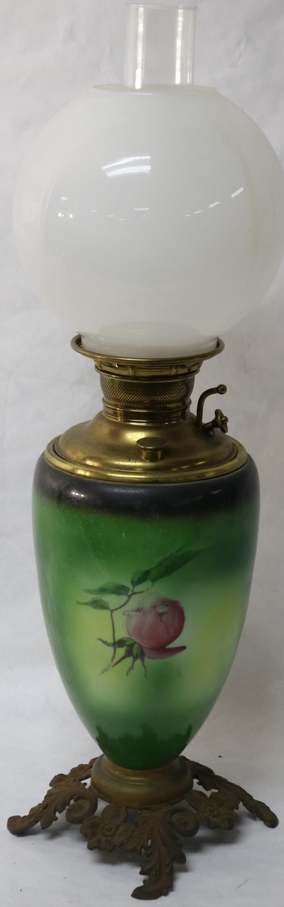 LATE 19TH C. GONE WITH THE WIND LAMP, THE JUNO: LAMP, ONCE ELECTRIFIED, FONT DENTED, GREEN WITH ROSE DECORATION, OPAL SHADE, 16" H, SHADE 7 1/2" H, 7 1/2" DIA.
