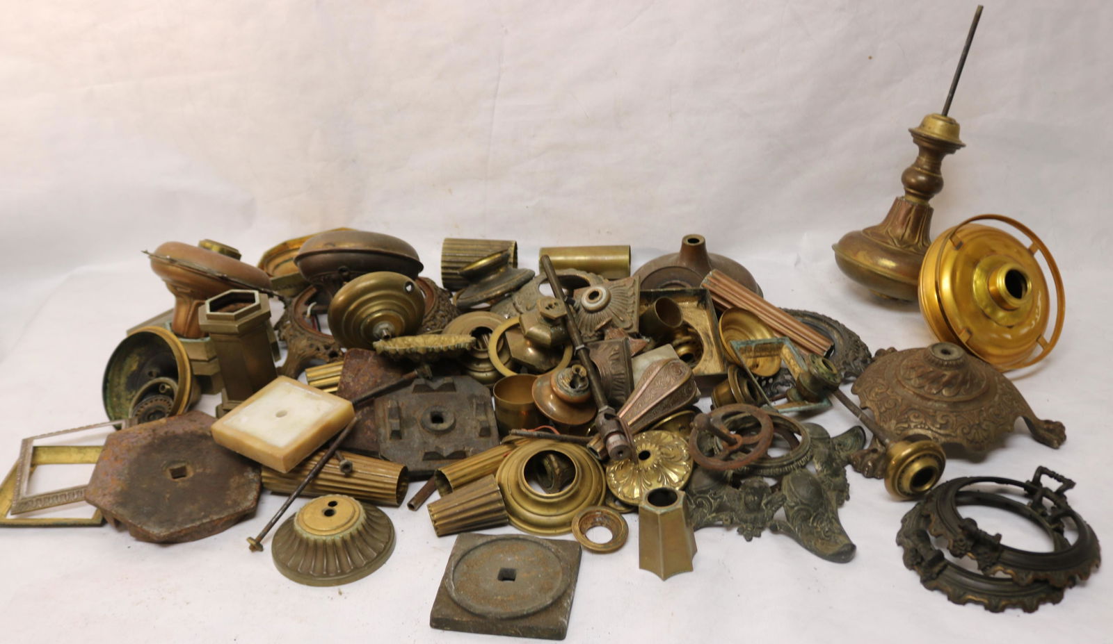 LARGE BIN LOT OF BRASS, IRON, MARBLE LAMP PARTS (1 of 2)