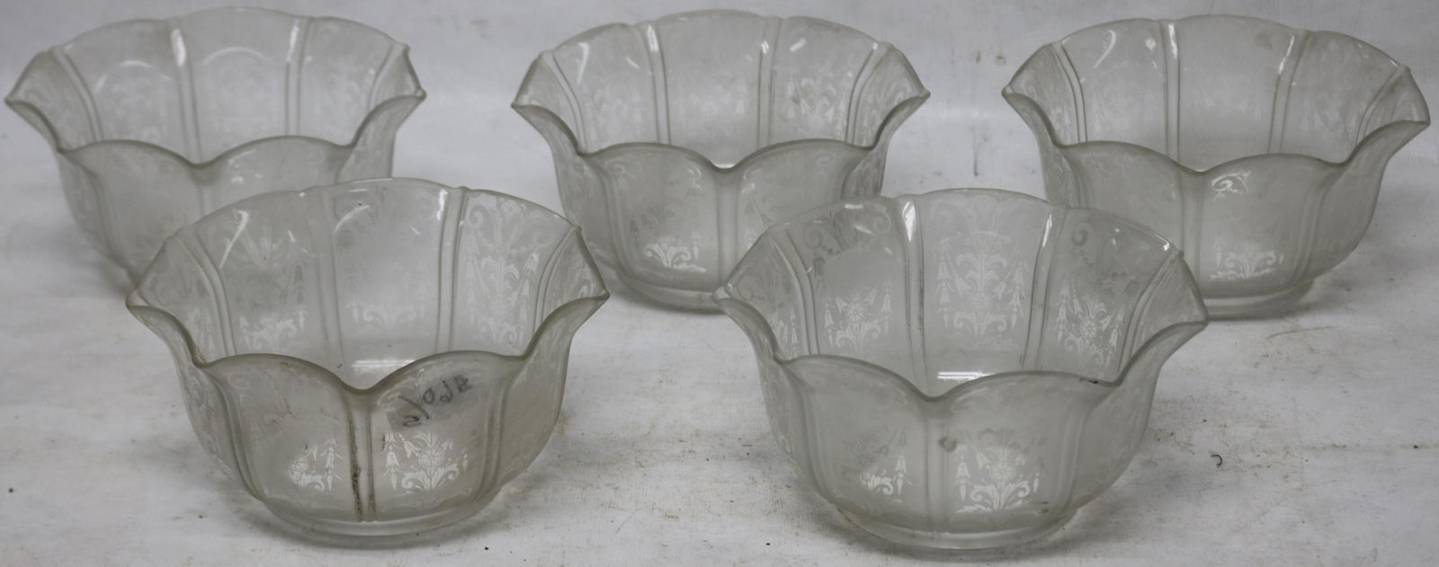 SET OF 5 ETCHED GLASS GAS SHADES, PANELED WITH (1 of 2)