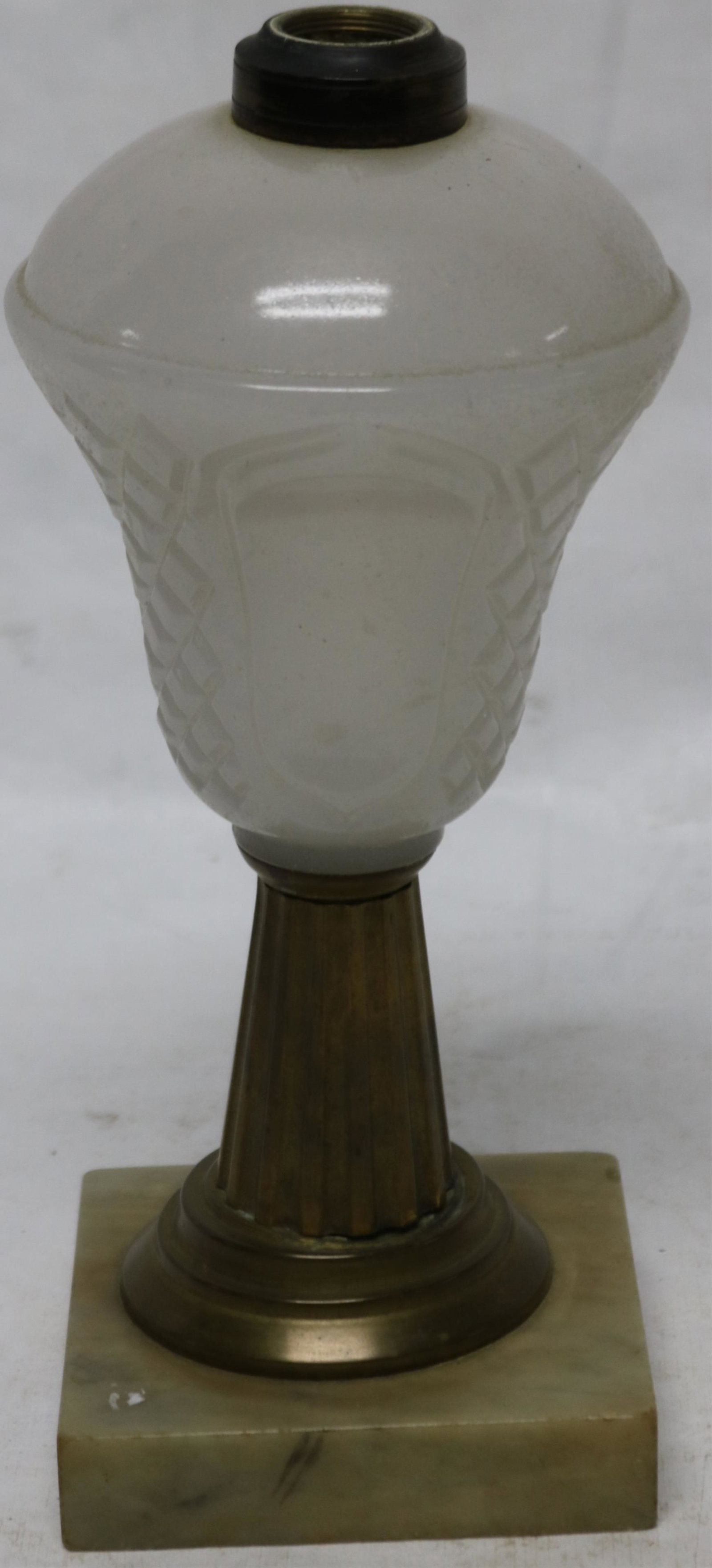 19TH C. FLUID LAMP WITH ALABASTER GLASS FONT WITH: FLATTENED SAW TOOTH VARIANT PATTEN, RIB BRASS SHAFT ON MARBLE BASE, 10" H, 4" X 4" AT BASE