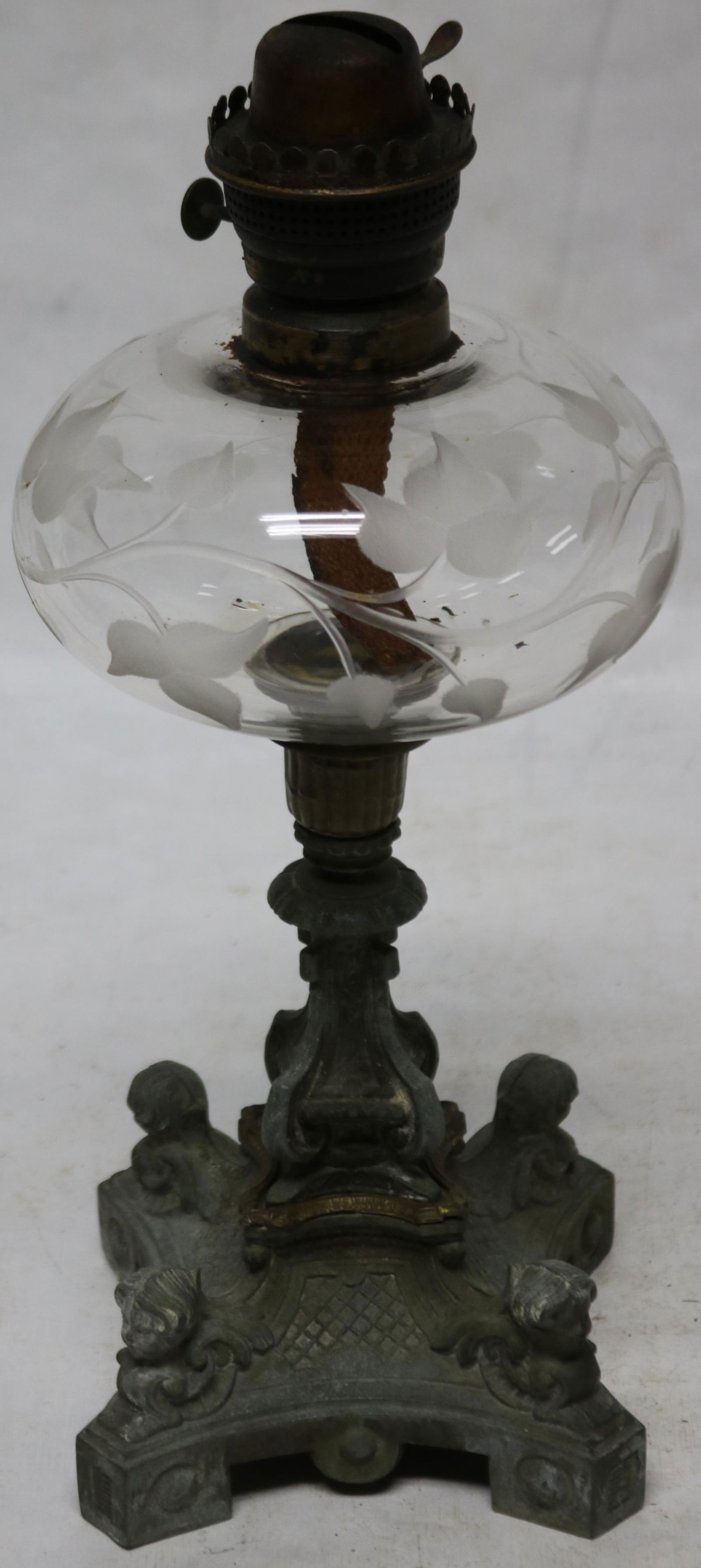 19TH C. KEROSENE LAMP WITH FLORAL CUT & ETCHED (1 of 3)