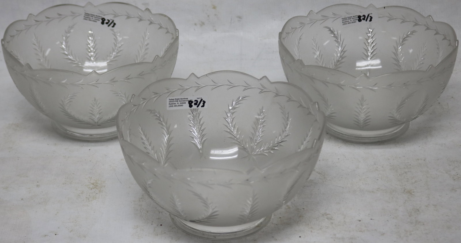 SET OF 3 FROSTED & CUT GLASS GAS SHADES, WREATH: DESIGN, SHAPED EDGE, 4 1/4" H, 7 1/2" DIA. 4" BASE