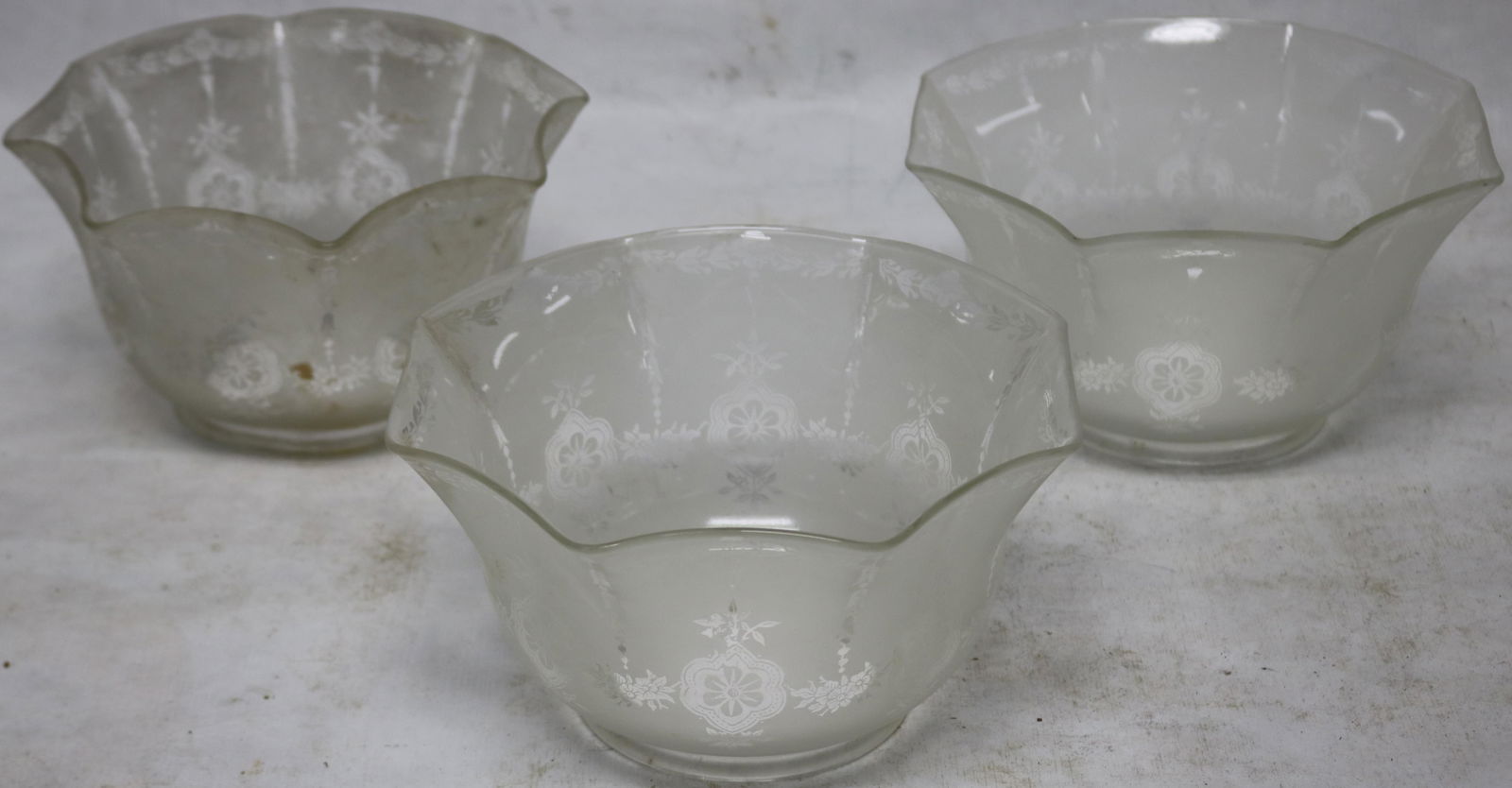 3 ETCHED GLASS GAS SHADES WITH GEOMETRIC FLORAL (1 of 2)