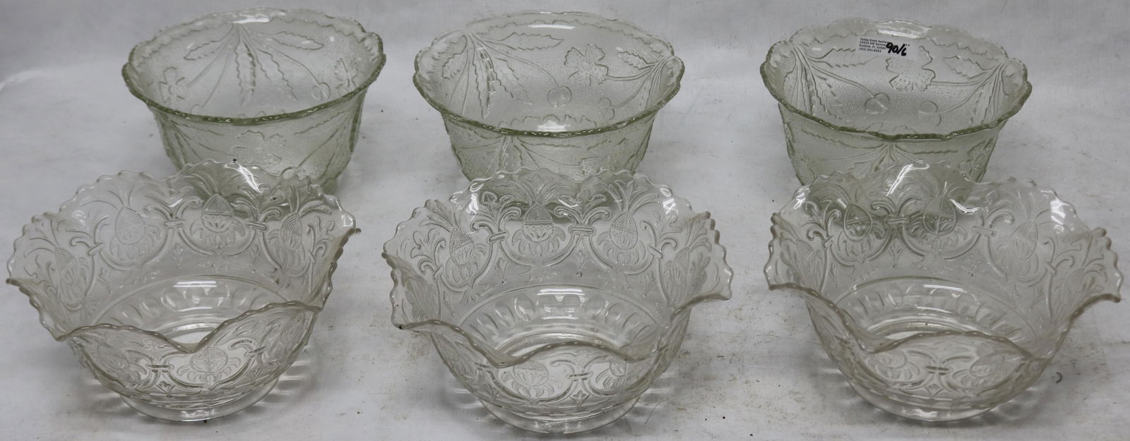 2 SETS OF 3 PRESSED GLASS GAS SHADES, 1 POSSIBLY (1 of 2)