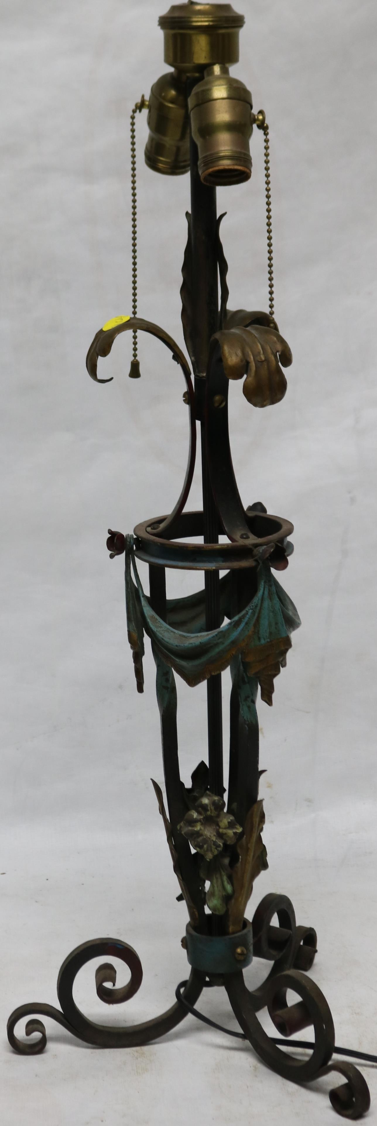 1920s WROUGHT IRON TABLE LAMP WITH SWAY & FLORAL (1 of 3)