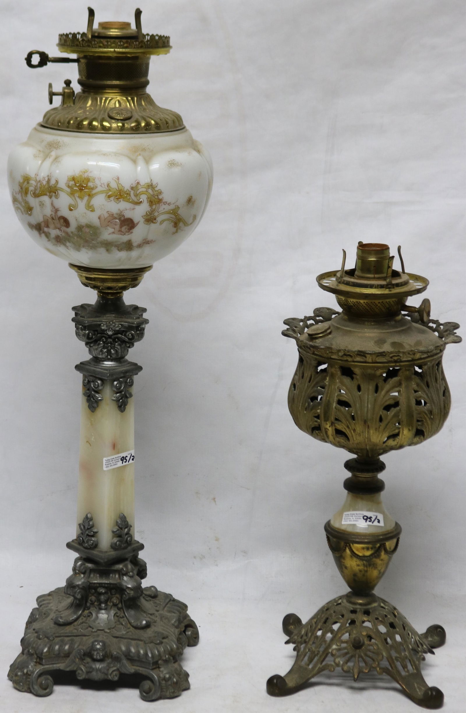 TWO ELECTRIFIED VICTORIAN BANQUET LAMPS, ONE WITH (1 of 3)
