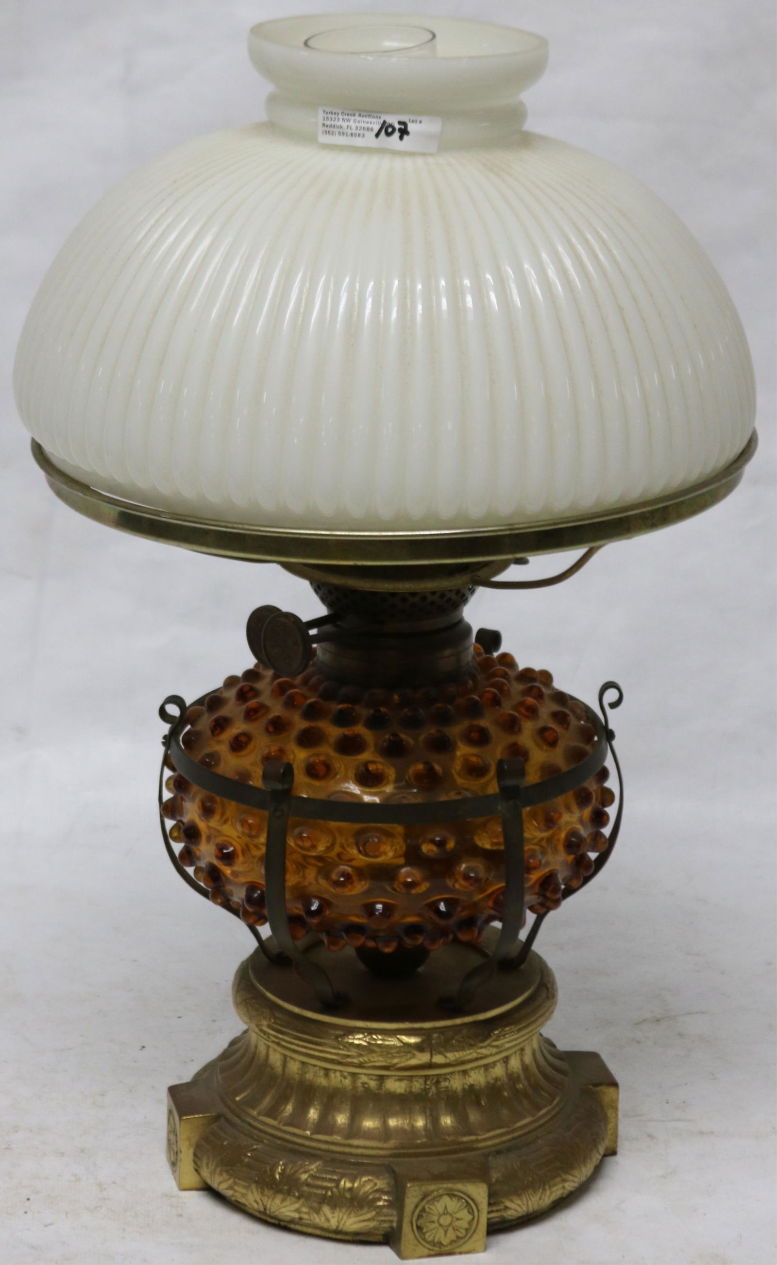 BRASS & GLASS FLUID LAMP WITH DUPLEX BURNER, (1 of 3)