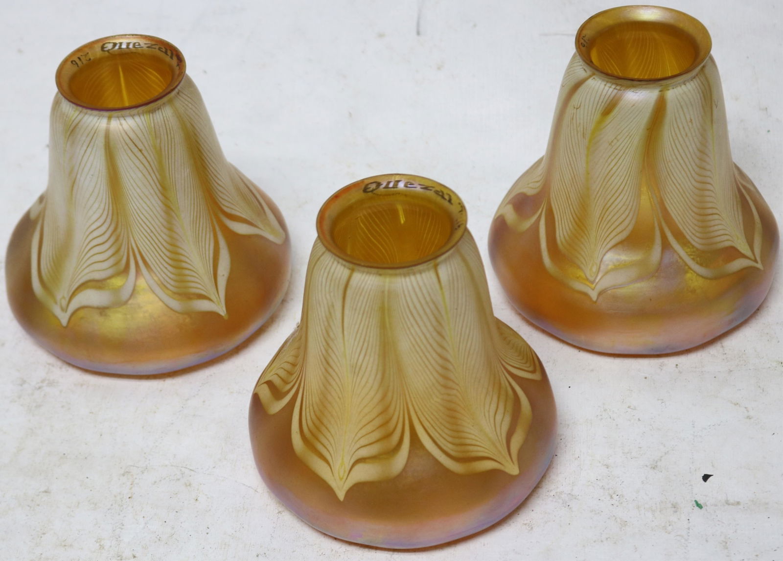 SET OF 3 SIGNED QUEZAL #216 ART GLASS SHADES WITH (1 of 3)