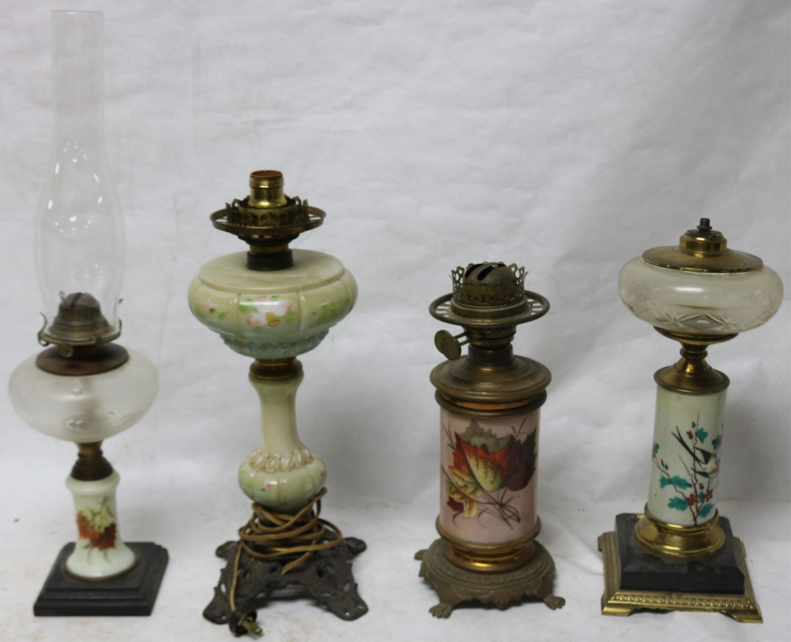 COLLECTION OF 4 DECORATED MILK GLASS BASE TABLE (1 of 3)