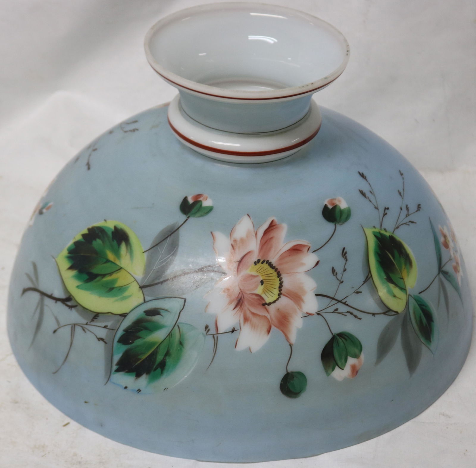 19TH C. DECORATED MILK GLASS HALF SHADE, FLORAL (1 of 2)