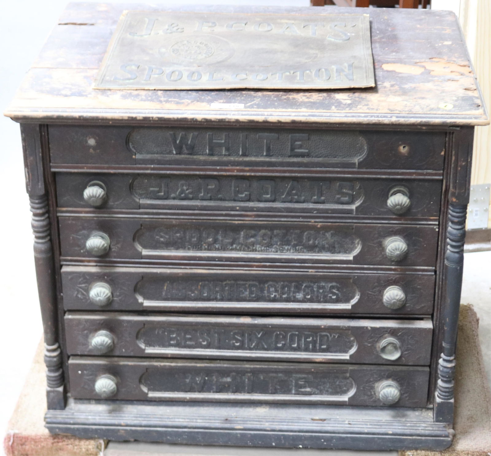 LARGE JP COATES SPOOL CABINET, SHOWS EXTENSIVE (1 of 5)