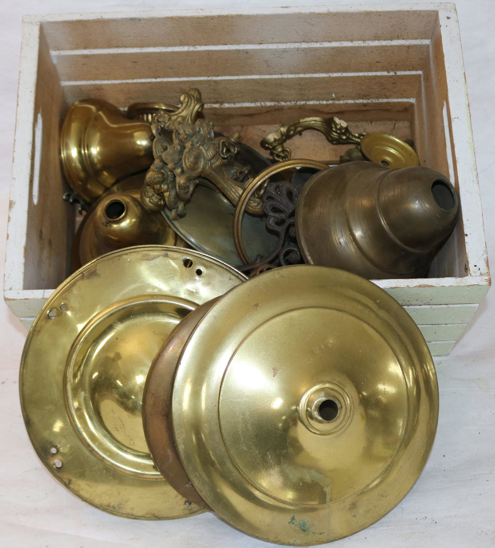 WOODEN CRATE FULL OF BRASS PAN CEILING FIXTURES,: PARTS. ETC.