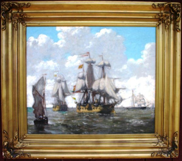 FRAMED OIL ON BOARD, NAVY SAIL SHIP SCENE UNSIGNED: FRAMED OIL ON BOARD, NAVY SAIL SHIP SCENE UNSIGNED, 20 X 24