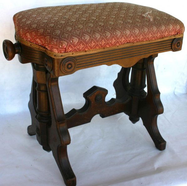 VICTORIAN WALNUT ADJUSTABLE ORGAN STOOL UNUSUAL SH: VICTORIAN WALNUT ADJUSTABLE ORGAN STOOL UNUSUAL SHAPED TOP, RIP TO FABRIC