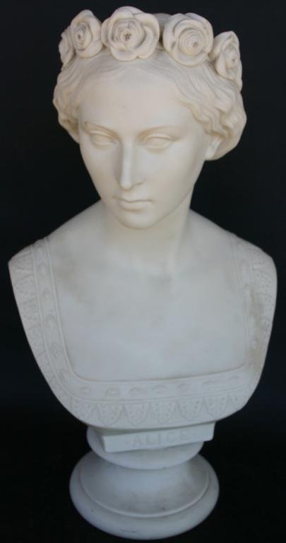 LARGE PARIAN BUST OF ALICE, SIGNED ON BACK MARY TH: LARGE PARIAN BUST OF ALICE, SIGNED ON BACK MARY THORNYCROFT SC. ART UNION OF LONDON, 1879 BY COPELAND, Y79, 15 1/2" H