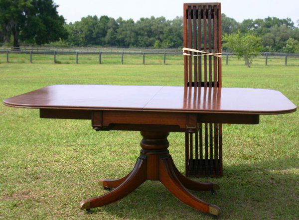 LATE 19TH C. SOLID MAHOGANY BANQUET TABLE BY DAVEN: LATE 19TH C. SOLID MAHOGANY BANQUET TABLE BY DAVENPORT, 6 LEAVES, DUNCAN PHYFE STYLE BASE WITH HEAVY CAST FEET