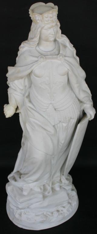 PARIAN FIGURE OF JOAN OF ARC 19" H, SHOWS RESTORAT: PARIAN FIGURE OF JOAN OF ARC 19" H, SHOWS RESTORATION TO CROWN, MISSING SWORD