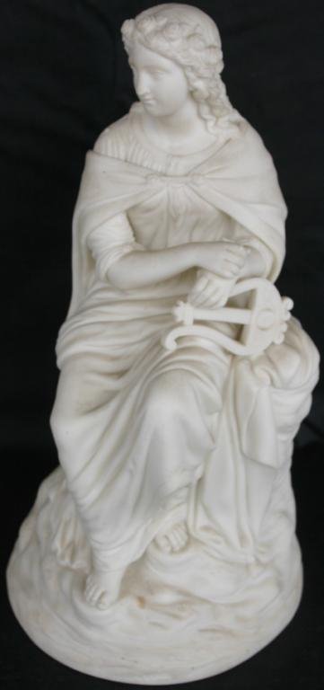 PARIAN FIGURE OF CLASSIC WOMAN ON ROCK WITH HARP, : PARIAN FIGURE OF CLASSIC WOMAN ON ROCK WITH HARP, HARP SHOWS AS IS, 14 1/2" H