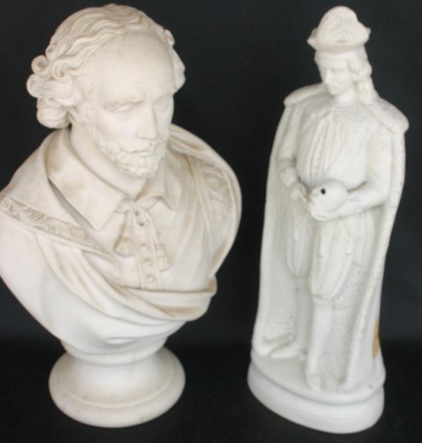 PARIAN BUST OF SHAKESPEARE, TOGETHER WITH FIGURE F: PARIAN BUST OF SHAKESPEARE, TOGETHER WITH FIGURE F HAMLET, SHAKESPEARE SIGNED BY R.& L., APPROX. 13" H