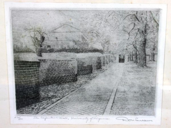 FRAMED & GLAZED ETCHING, THE SERPENTINE WALL UNIVE: FRAMED & GLAZED ETCHING, THE SERPENTINE WALL UNIVERSITY OF VIRGINIA, BY DON SWAN, 6 1/2" X 8"