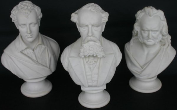 LOT OF 3 PARIAN BUSTS TO INCLUDE, DICKENS & TWO OT: LOT OF 3 PARIAN BUSTS TO INCLUDE, DICKENS & TWO OTHERS, MAKERS R&L, W.H. KERR, WORCESTER, APPROX. 13 1/2" H