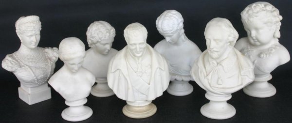 COLLECTION OF 7 SMALL PARIAN BUSTS TO INCLUDE CLAS: COLLECTION OF 7 SMALL PARIAN BUSTS TO INCLUDE CLASSICAL, & FAMOUS FIGURES, APPROX. 7 1/2" TO 8" H