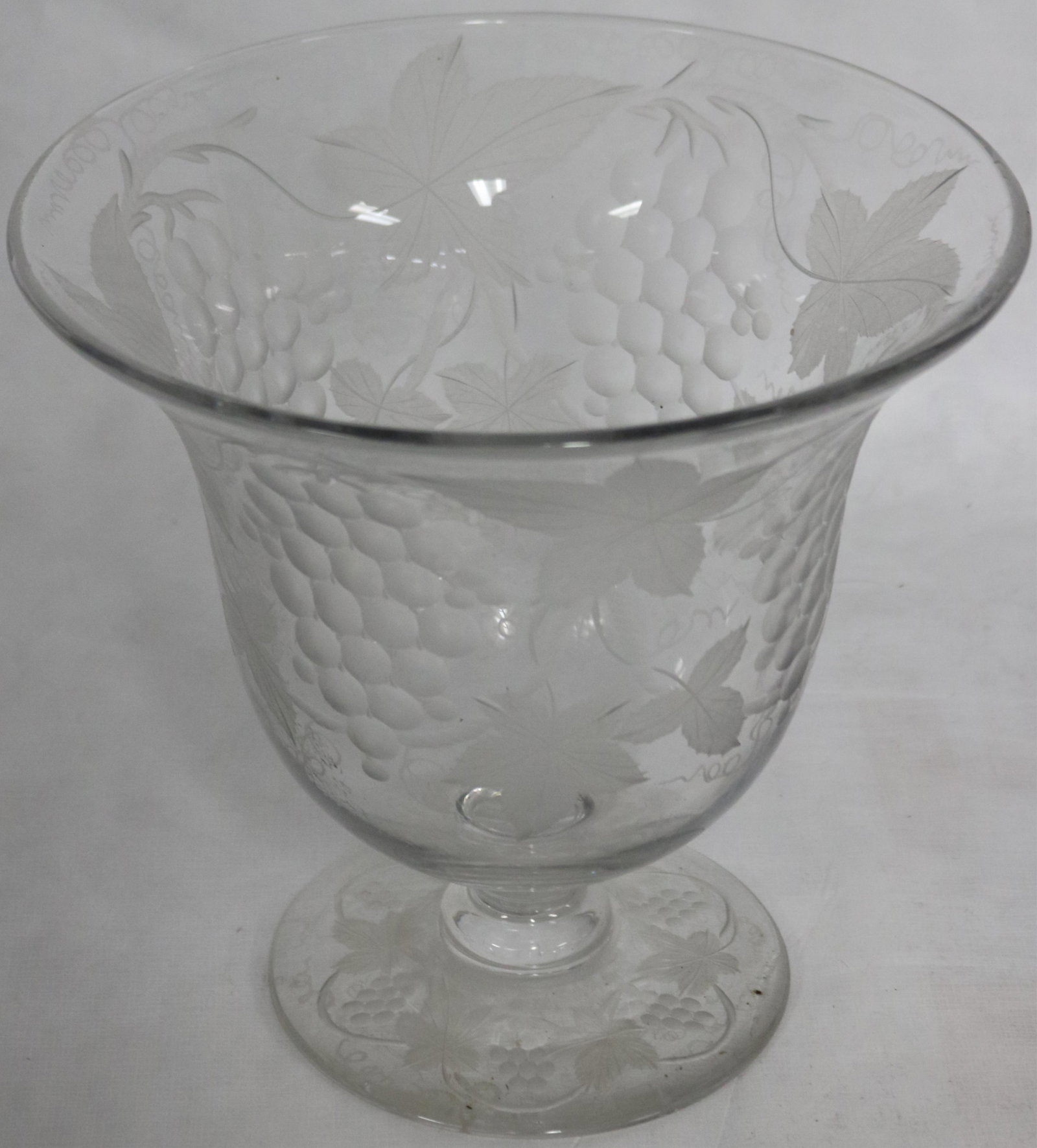 BLOWN CUT & ENGRAVED TROPHY FORM PUNCH BOWL,: POLISHED PONTIL, POSSIBLE PAIRPOINT, NO DAMAGE, 9" H, 9 1/4" DIA., WITH LADLE