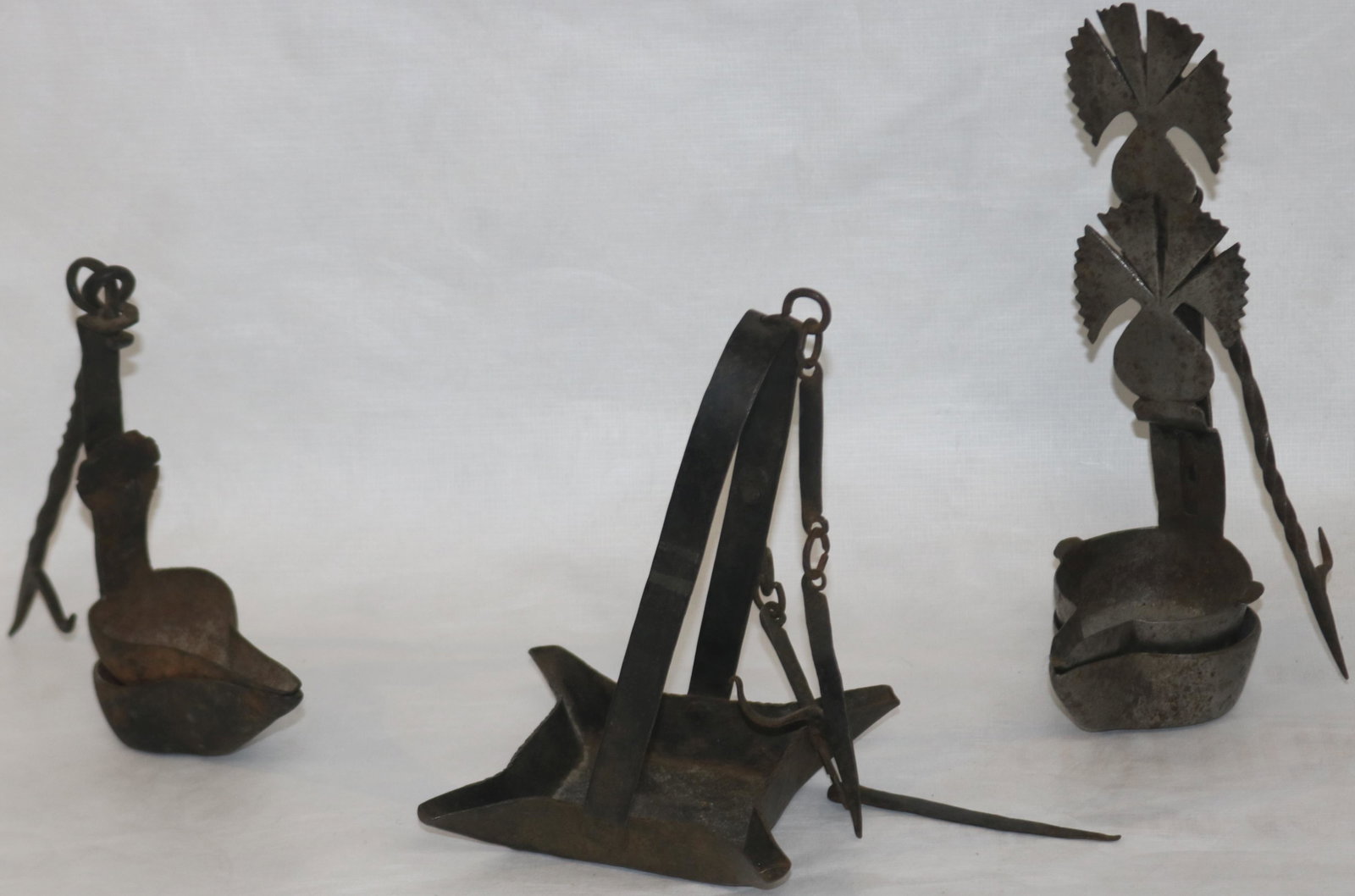 THREE EARLY 19TH C. WROUGHT IRON BETTY LAMPS ONE (1 of 1)