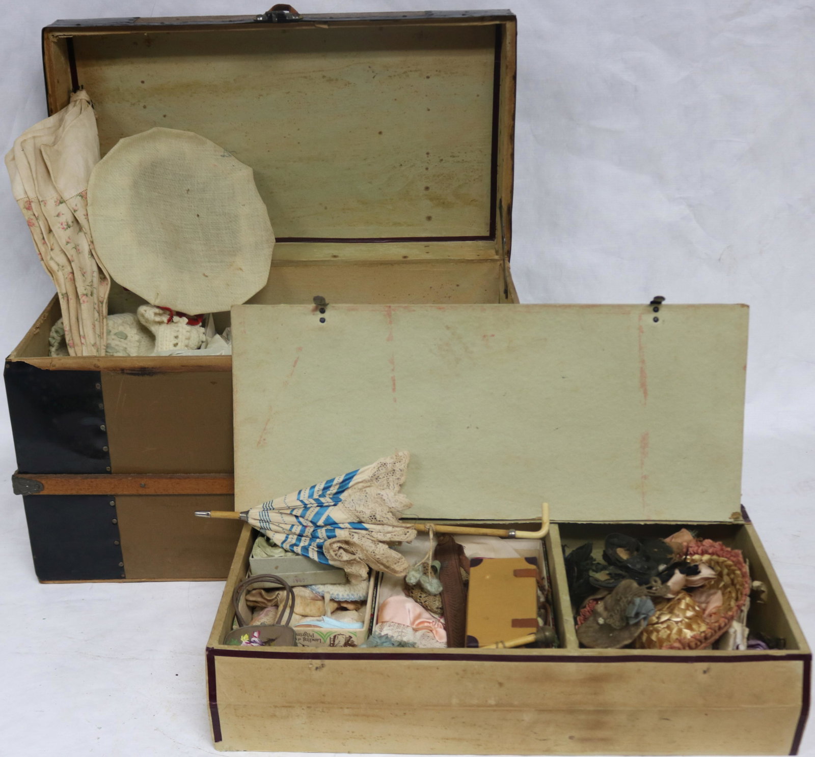 LATE 19TH C. DOLL TRUNK WITH CONTENTS TO INCLUDE (1 of 9)