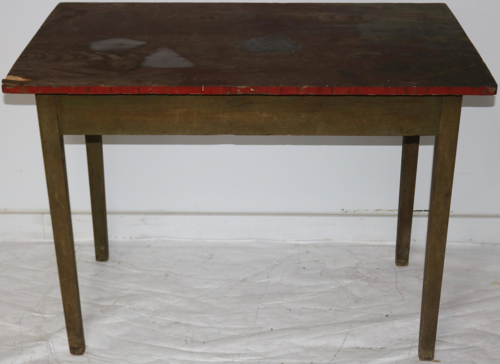 20TH C. PAINT FINISHED WOODEN TABLE, ONE CORNER: SHOWS DAMAGE, 30" H, 42" W, 27" DEEP