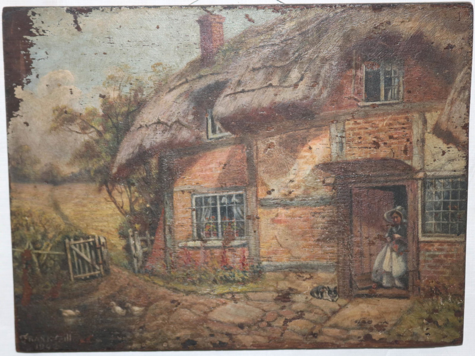 OIL ON MAHOGANY PANEL DEPICTING THATCHED COTTAGE (1 of 3)