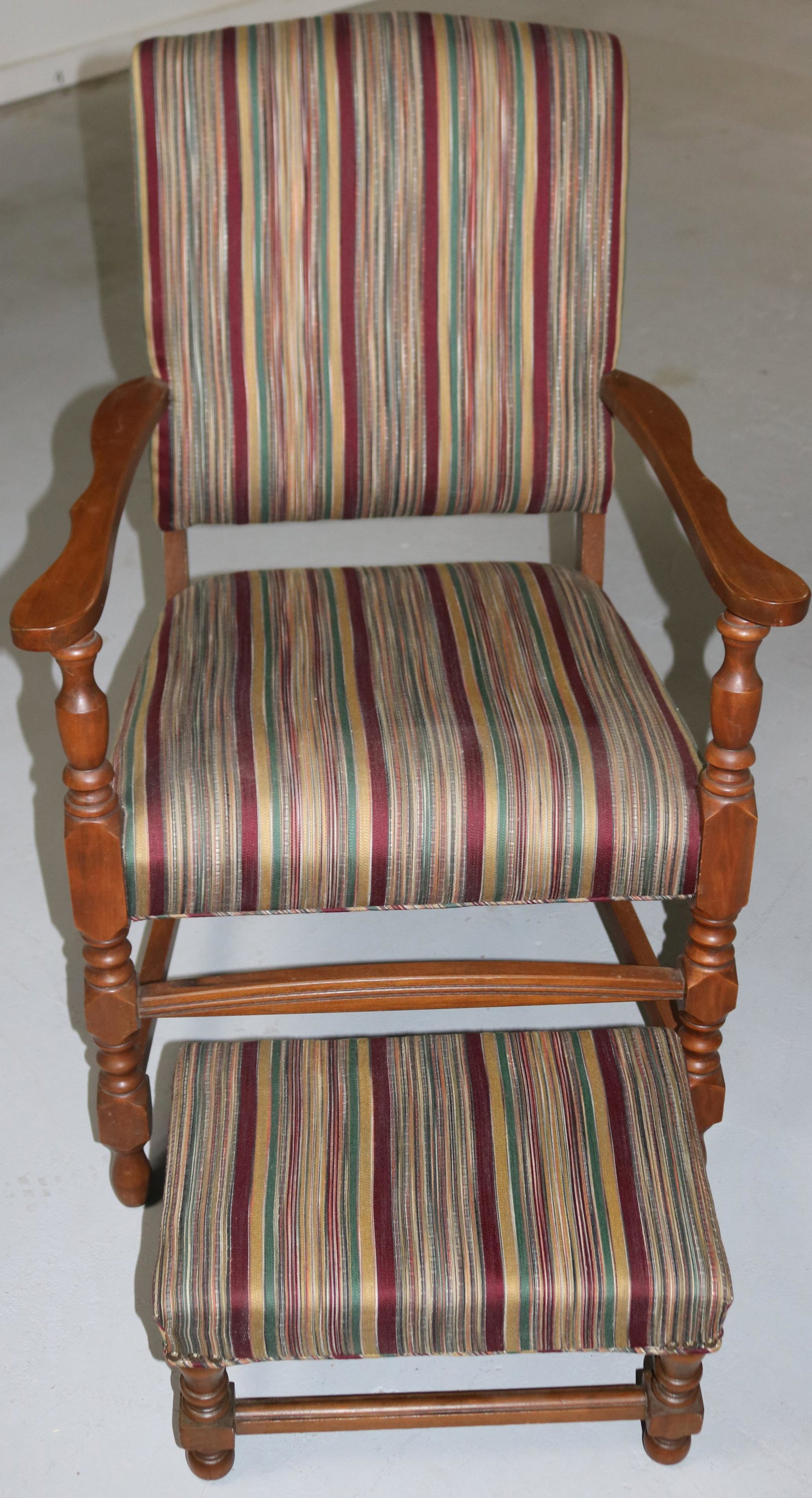 1930s UPHOLSTERED ARM CHAIR WITH MATCHING STOOL,: REFINISHED & REUPHOLSTERED CONDITION, 36 1/2" H, 24" W, 24 1/2" DEEP, STOOL 10" H, 17" W, 11" DEEP