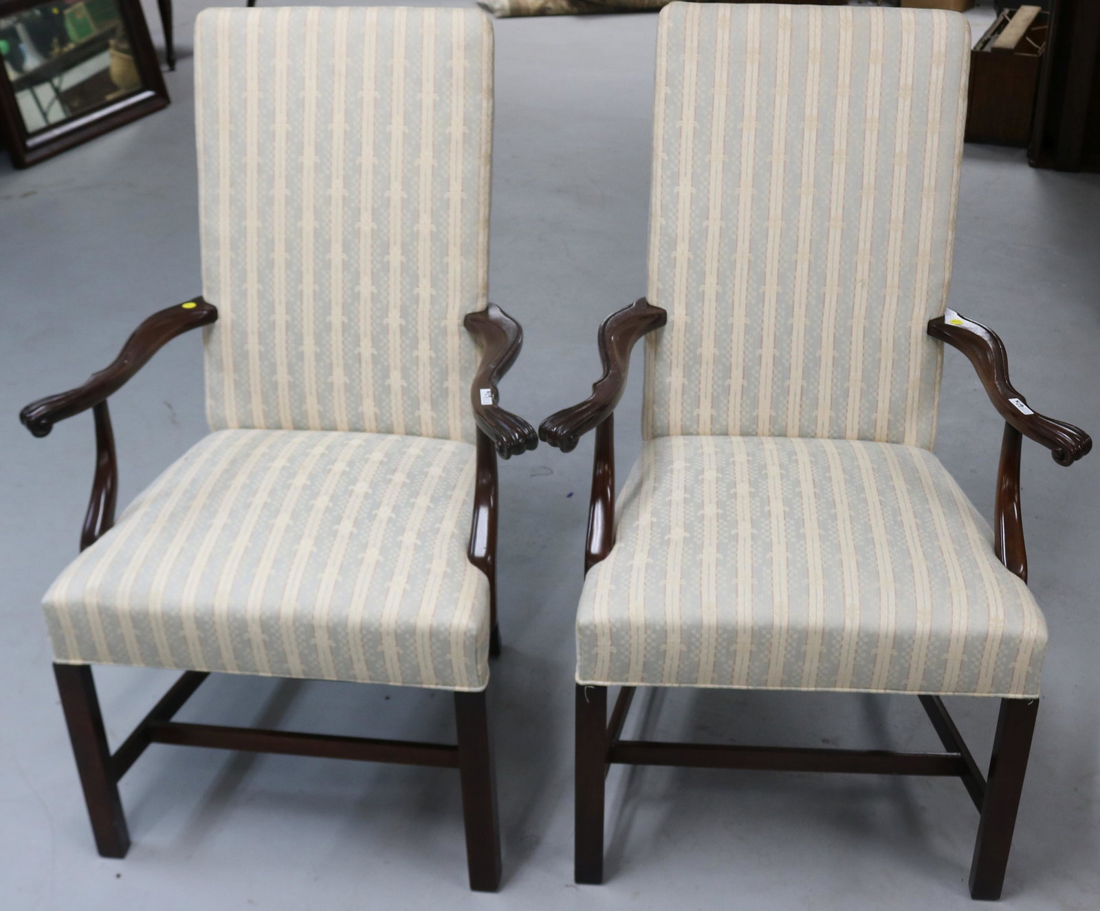 PAIR OF CUSTOM MAHOGANY HIGH BACK LOLLING CHAIRS,: CHIPPENDALE STYLE, UPHOLSTERED BACK & SEATS, 41" H, 26 1/2" W, 21 1/2" DEEP, 19 1/2" SEAT HEIGHT