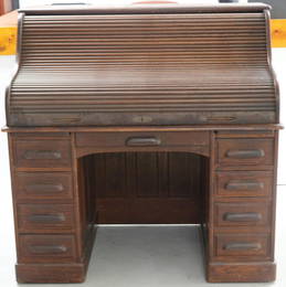 OAK RAISED PANEL S-ROLL TOP DESK, DOUBLE BANK,