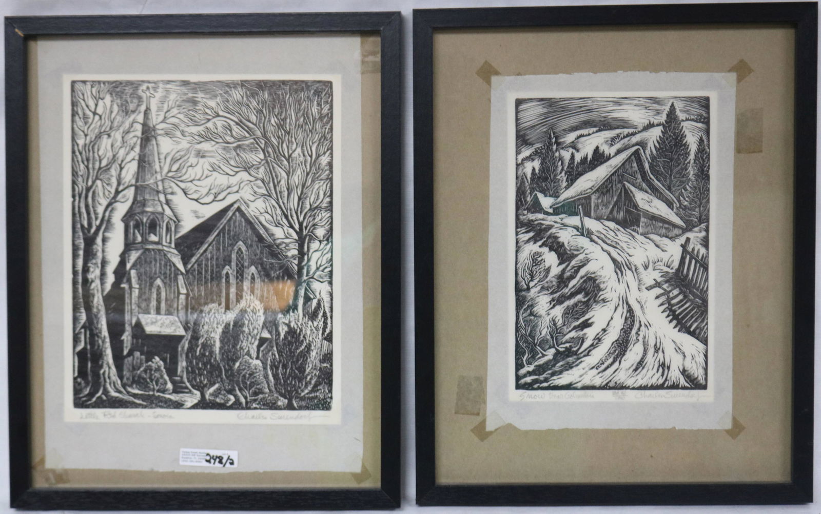 2 SIGNED ETCHES BY CHARLES SURENDORF, 1906-1929,: ENTITLED "LITTLE RED CHURCH SENORA" AND "SNOW NEAR COLUMBIA" 9" - 10 1/4" X 6" - 8" SIGHT