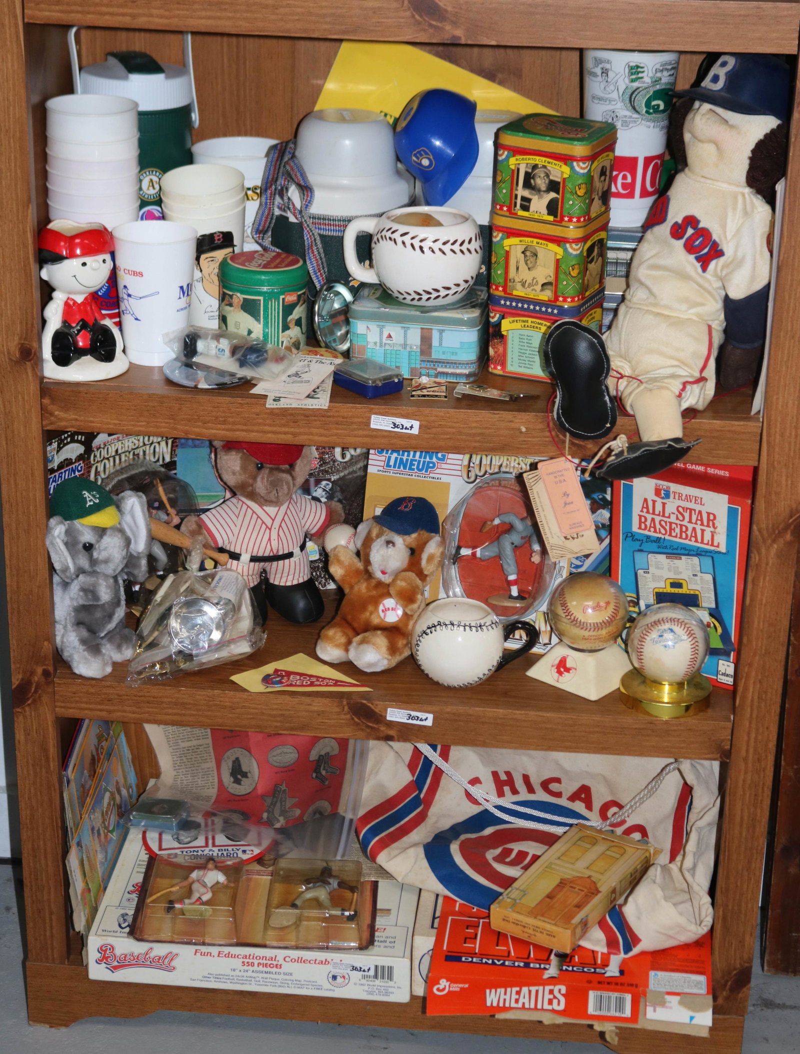 3 SHELVES MISC. COLLECTIBLE BASEBALL FIGURES,: TINS, GAMES, BALLS, ETC.
