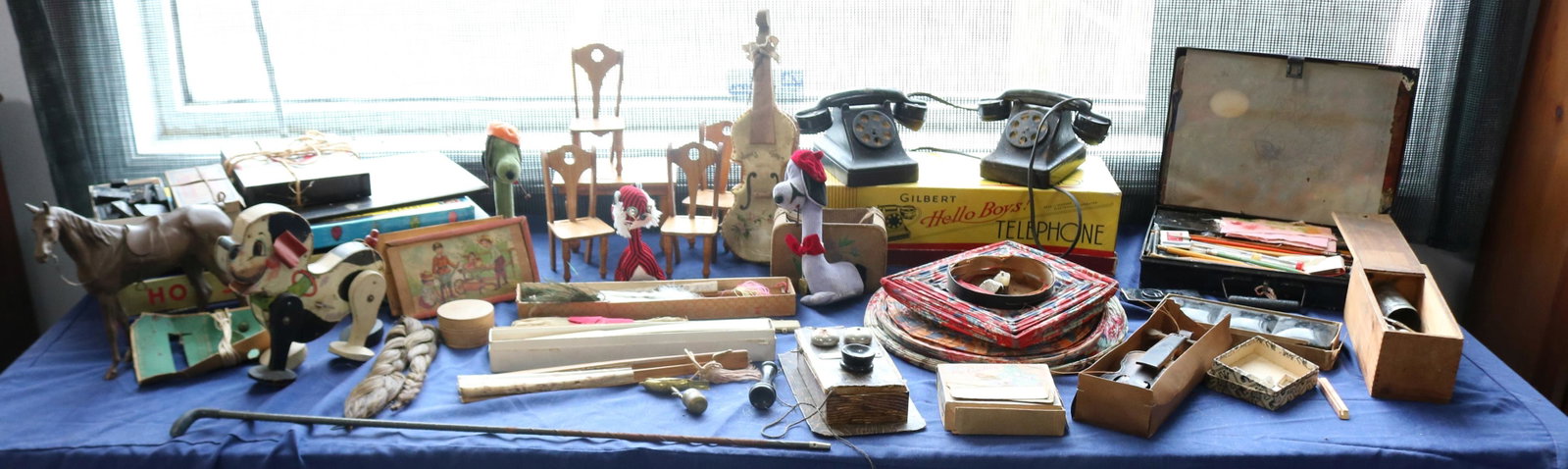 LARGE COLLECTION OF TOYS, GAMES, PAINTING KITS,: ETC. FISHER PRICE, WALKING DOG, TIN TOY VIOLIN, ARTIST PAINTS