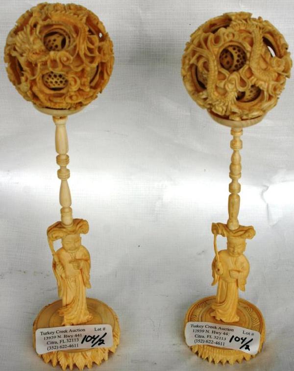 2 CARVED PUZZLE BALLS, WITH CARVED SCHOLAR BASES,: OVERALL HEIGHT 9 1/2", GOOD OVERALL CONDITION